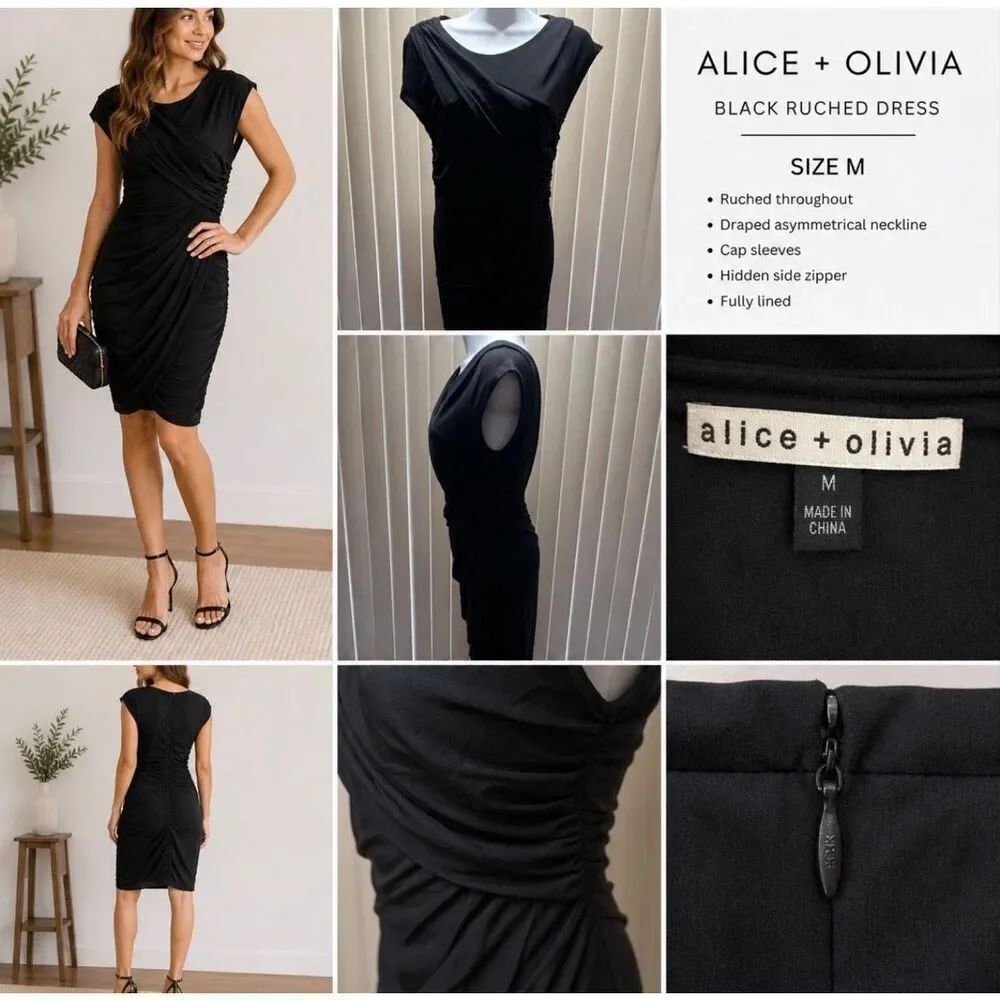 Alice + Olivia Black Ruched Bodycon Dress SZ M
